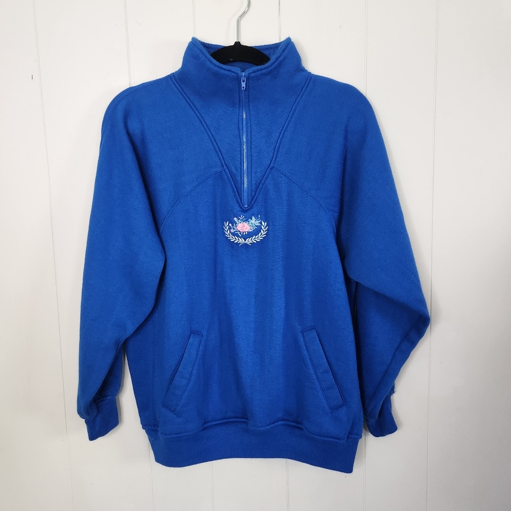 Vintage 80s 90s Blue Floral Lady Footlocker Sweatshirt Quarter Zip Cottagecore - Picture 1 of 7